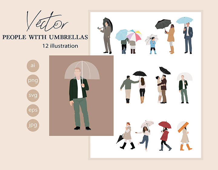 People with Umbrellas Vector Drawings